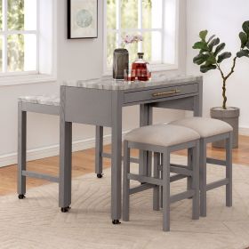 Rustic 3pc Dining Set Counter Height Dining Table w Storage drawer Faux Marble Top 2x Stools Light Gray Dining Room Furniture