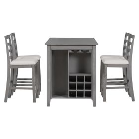 TREXM 5-Piece Multi-Functional Rubber Wood Counter Height Dining Set with Padded Chairs and Integrated 9 Bar Wine Compartment